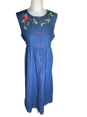 Vintage Denim Christmas Jumper Dress Red Buttons Holly Poinsettia Embroidered M
